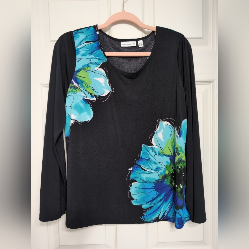 Susan Graver Black and Blue Watercolor Floral Women's Top Small